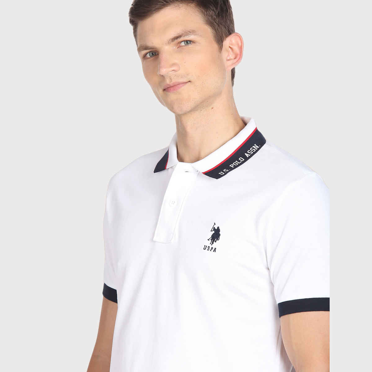 USPA Men's Printed Collar Cotton Polo T Shirt - Regular Fit - White - M