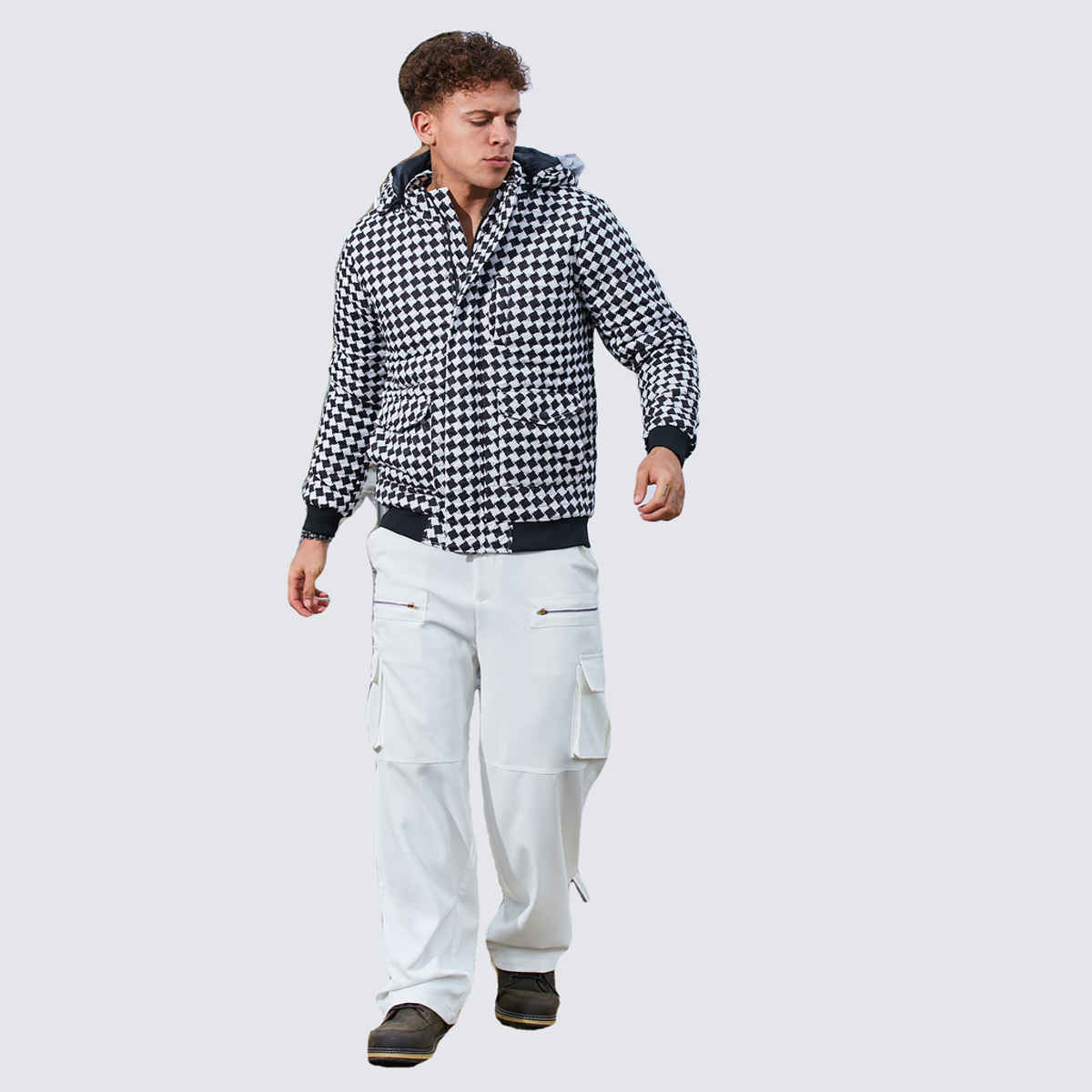 Campus Sutra Men's Checkboard Puffer Jacket With Fleece Hood | Carbon Black & Chalk White - XL