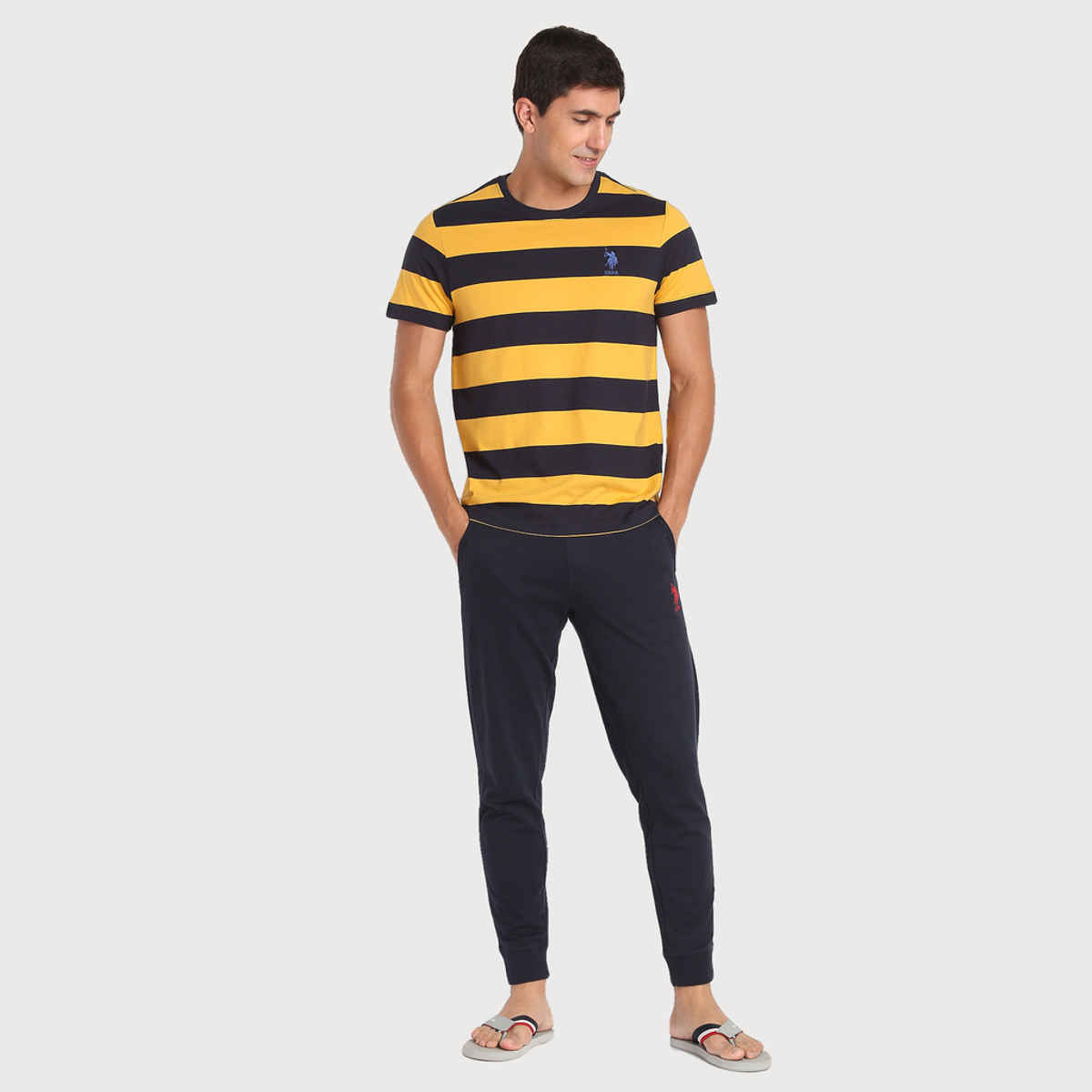 U.S. Polo Assn. Men's Crew Neck Striped Lounge T-Shirt | Yellow and Navy - XL