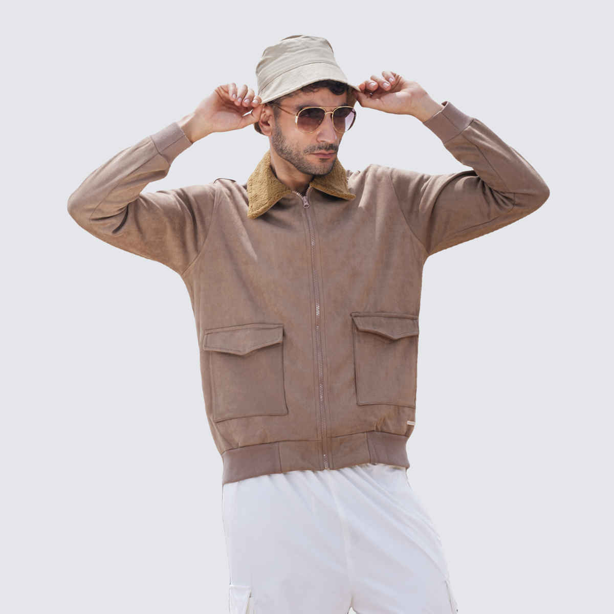 Campus Sutra Men's Zip-Front Jacket With Fleece Collar | Beige - L