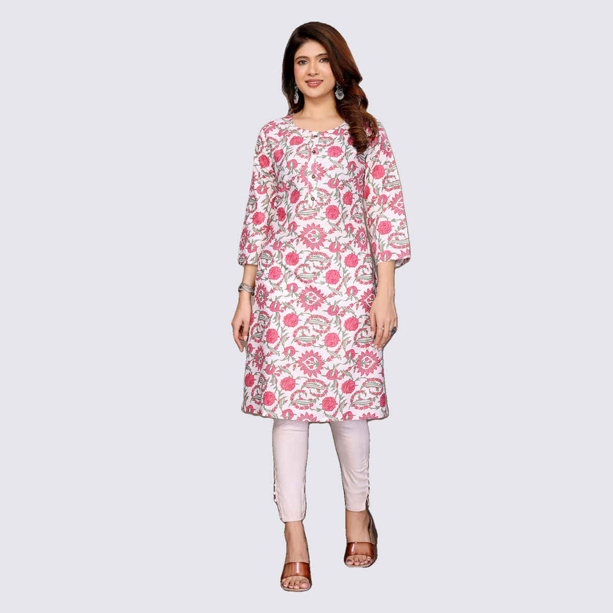 Rangita Women's Rayon Printed Straight Knee Length Kurta | Pink - M