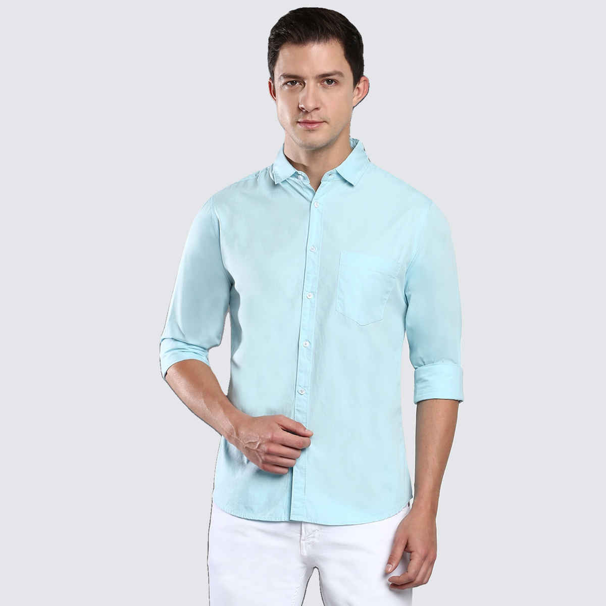 Dennis Lingo Men's Cotton Solid Slim Fit Casual Shirt | Turquoise Blue | S