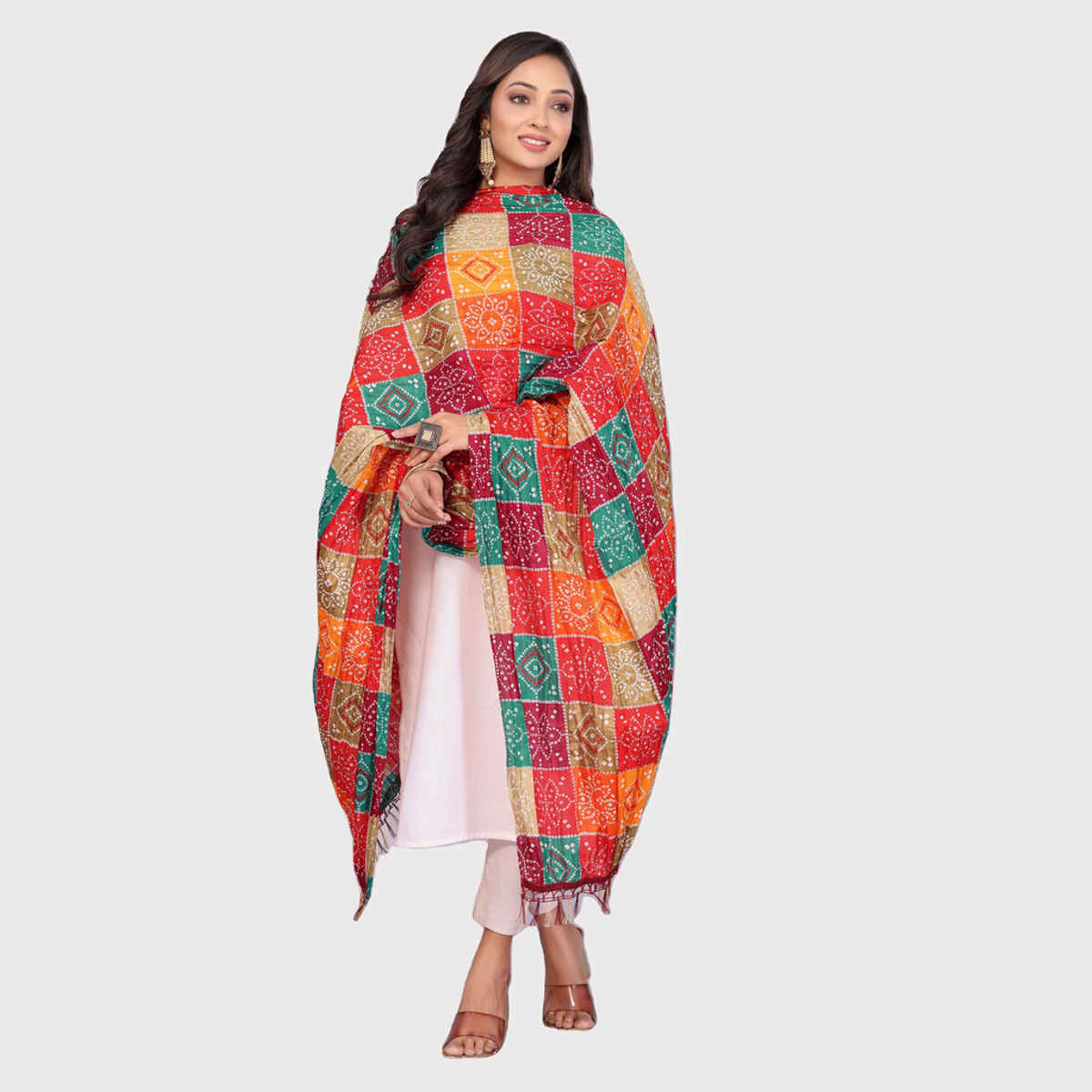 Fabflick Chinon Crush Printed Multicolor Tassel Embellished Women's Dupatta | CHNCR-001