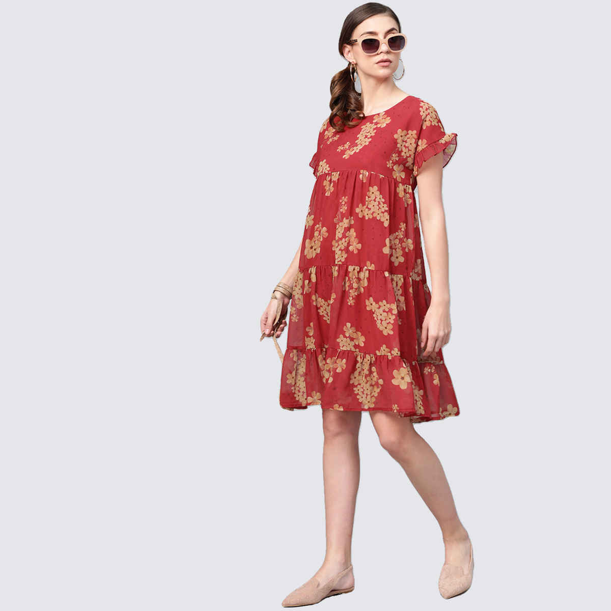 SASSAFRAS Women's Floral Tiered Trapeze Dress | Red - L
