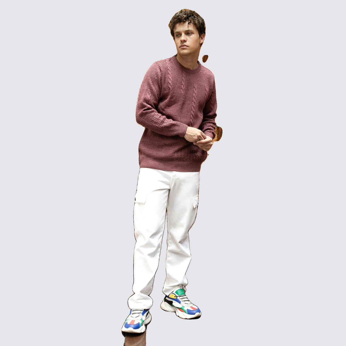 Campus Sutra Men's Twist-Knit Pullover Sweater | Mauve Brown - M