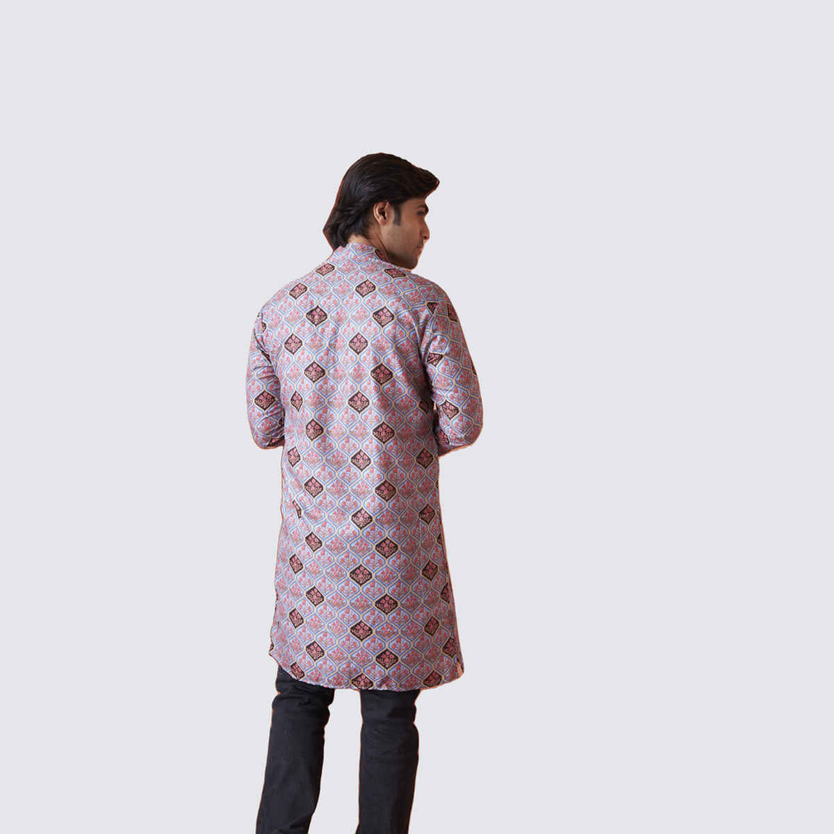 House Of Festivals Men's Printed Cotton Blend Long Kurta | Light Blue - XL