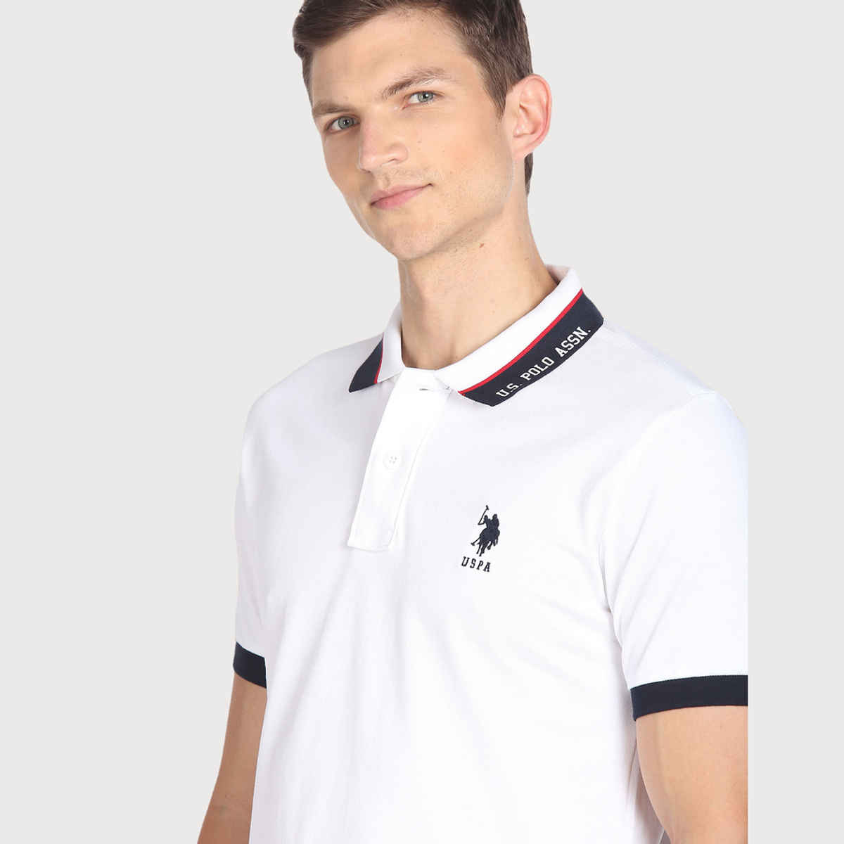 USPA Men's Printed Collar Cotton Polo T Shirt - Regular Fit - White - L