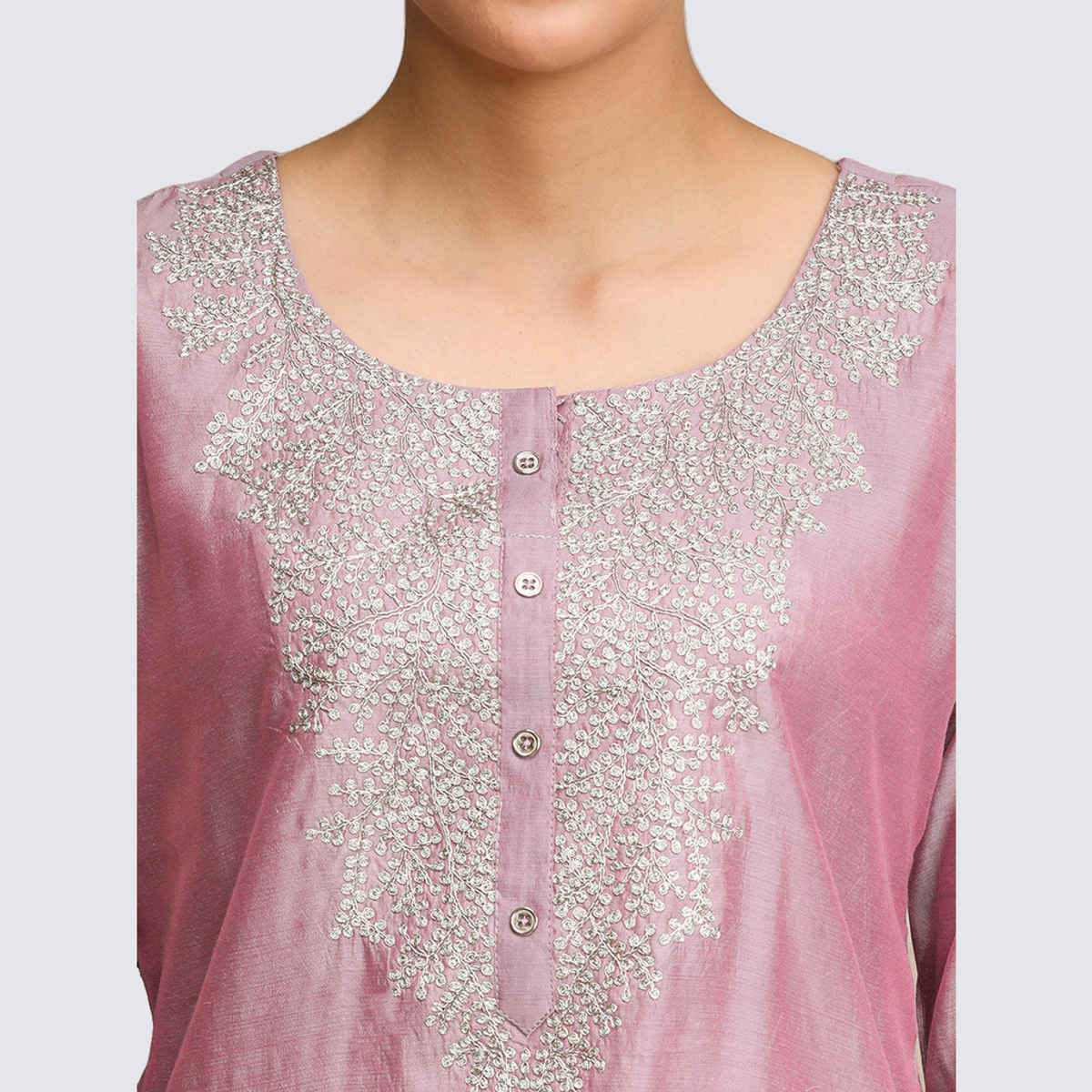 Varanga Women's Embroidered Regular Chanderi Silk Kurta with Trousers & Dupatta | Mauve - 2XL