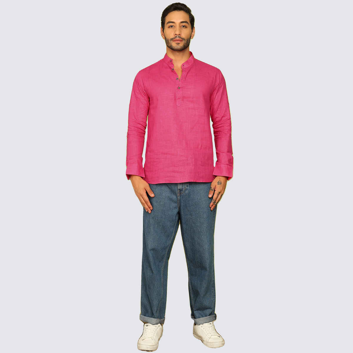 Allan Peter Men's Solid Short Kurta | Pink - 2XL
