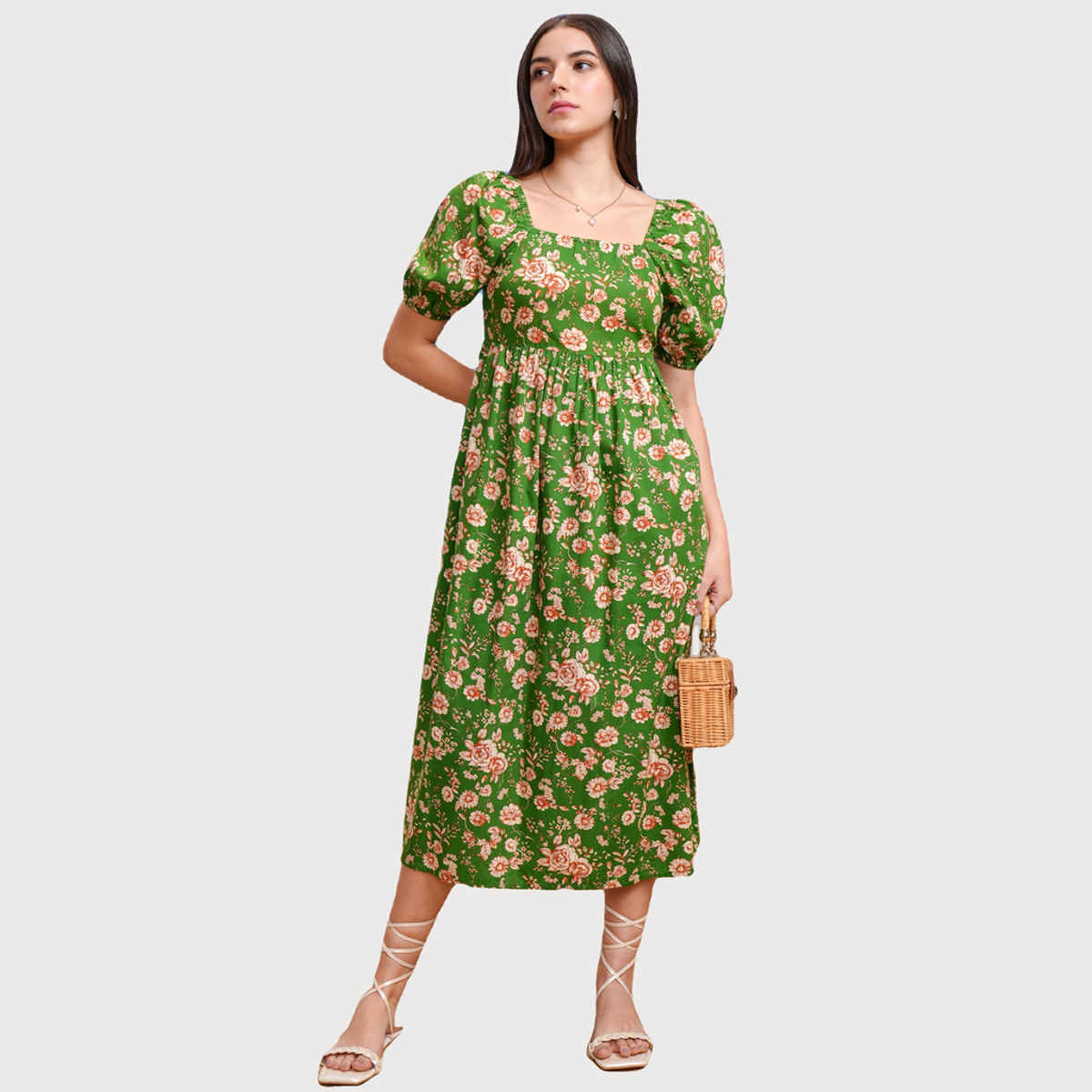 Tokyo Talkies Women's Floral Fit & Flare Square Neck Midi Dress | Multicolour - M