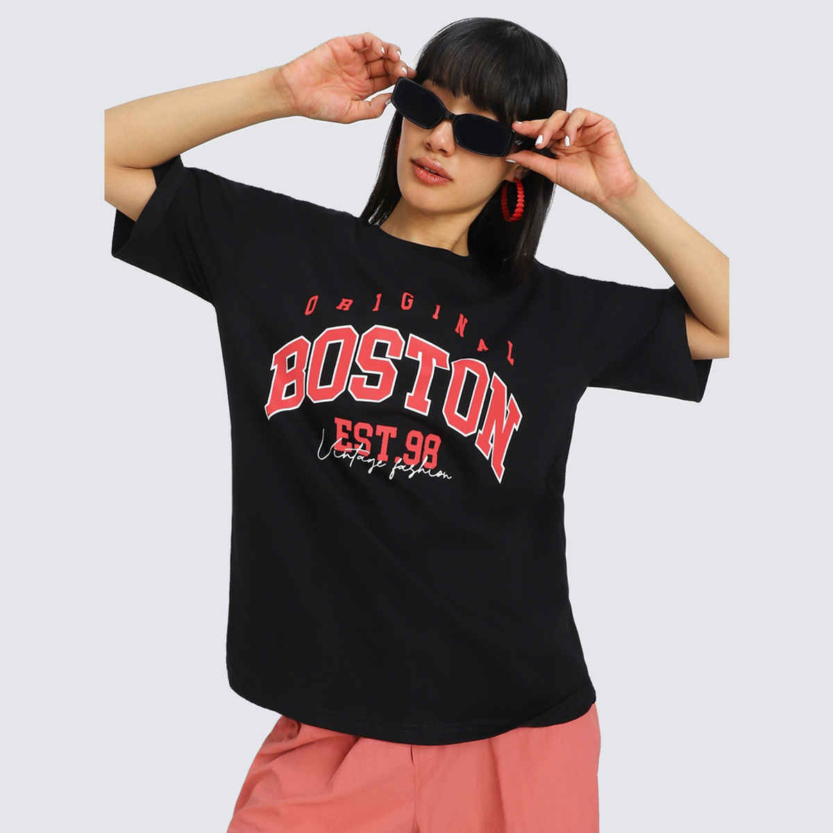Juneberry Black Print Typography Oversized fit Tshirt for Women - L
