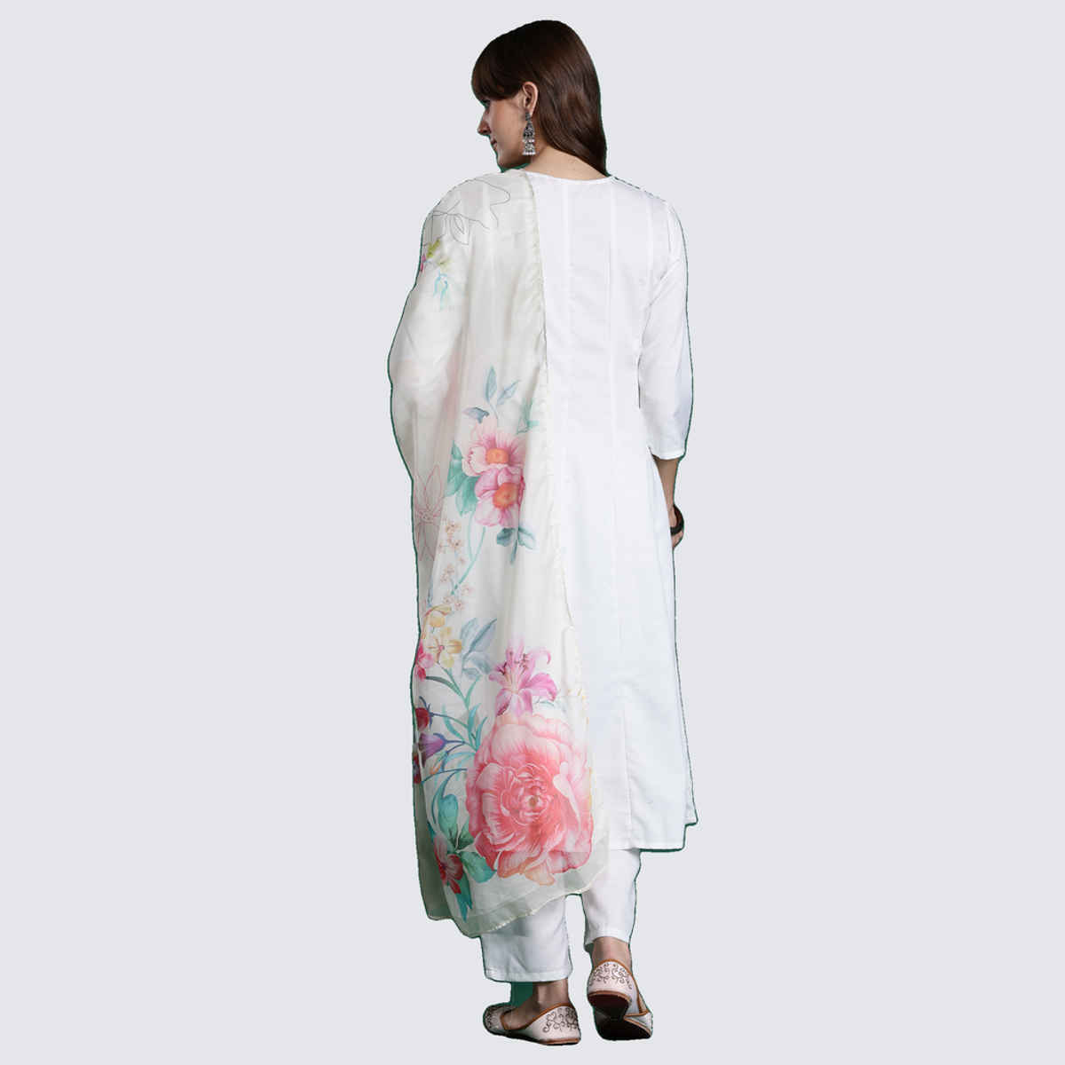 INDO ERA Women's Solid Anarkali Kurta Trouser with Dupatta Set | White - L