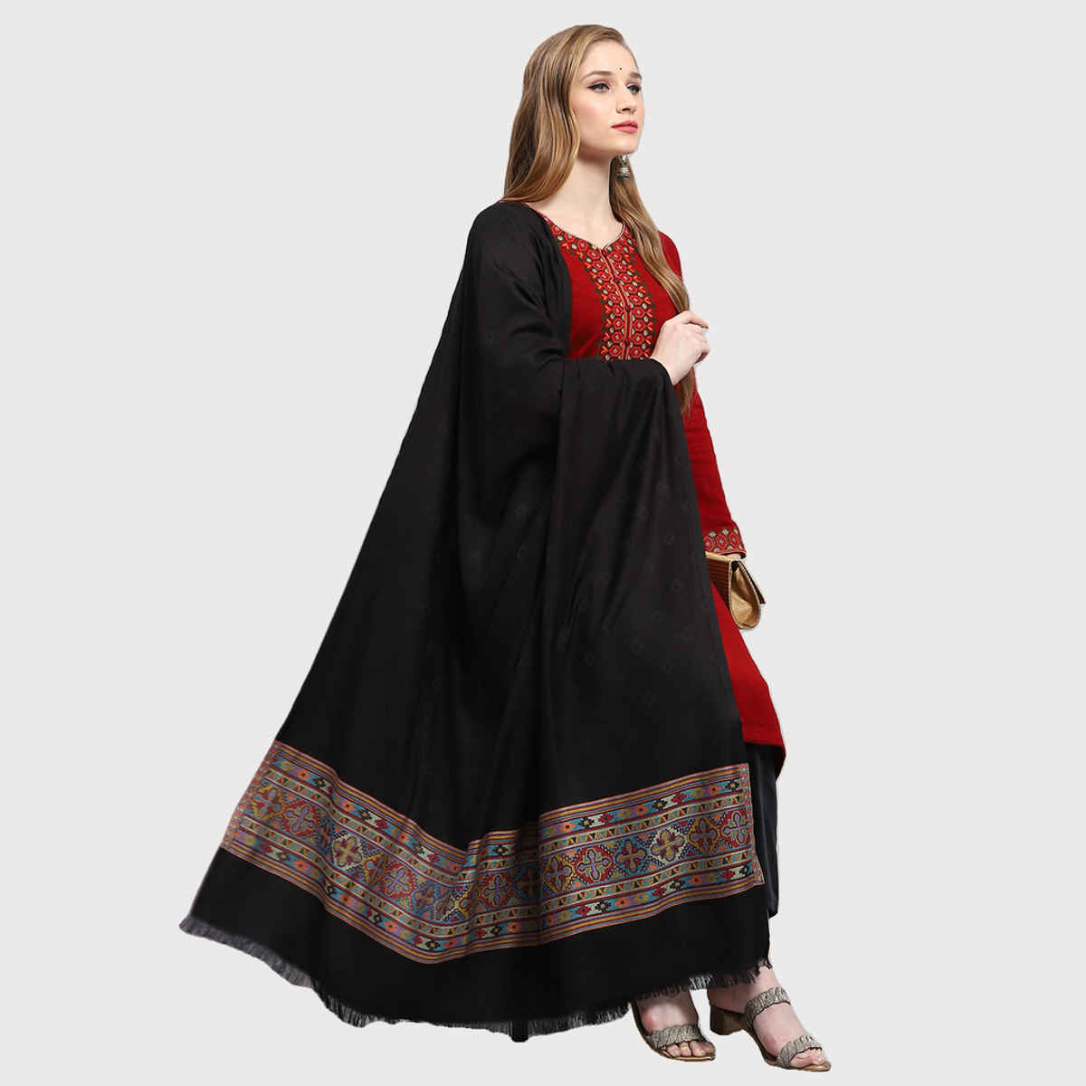 Monte Carlo Womens Self Design Black Shawl | 224Shw6860-0-40 | L 210 cm x W 105 cm