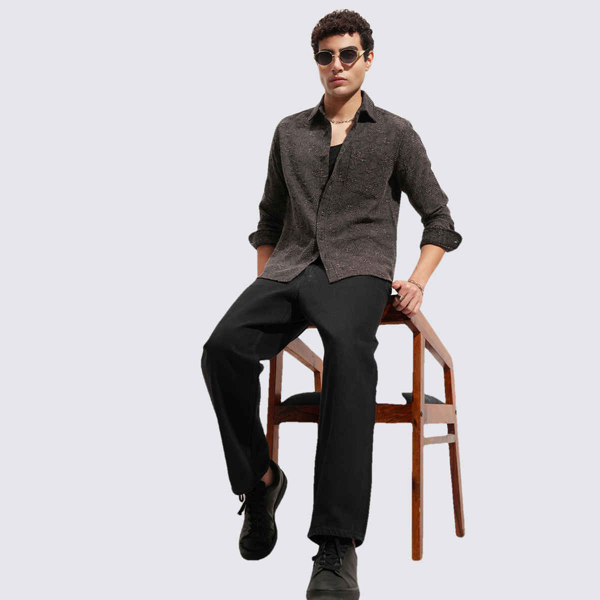 HIGHLANDER Men's Abstract Jaquard Casual Slim Fit Shirt | Coffee and Brown - L