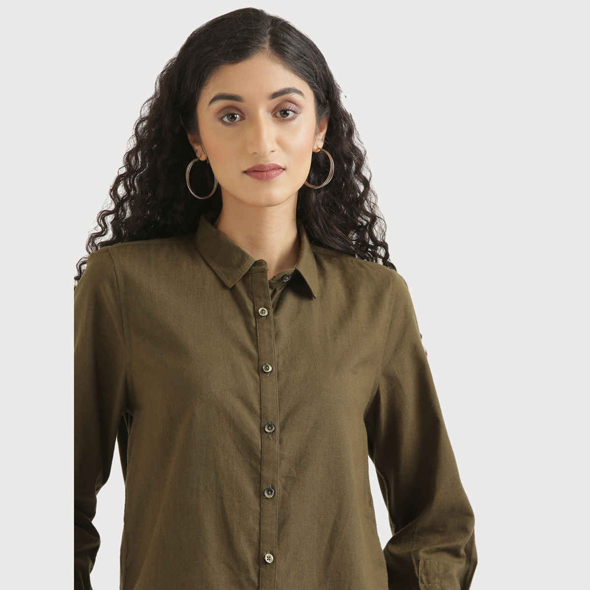 Saadaa Women's Airy Solid Linen Shirt | Olive Green - L