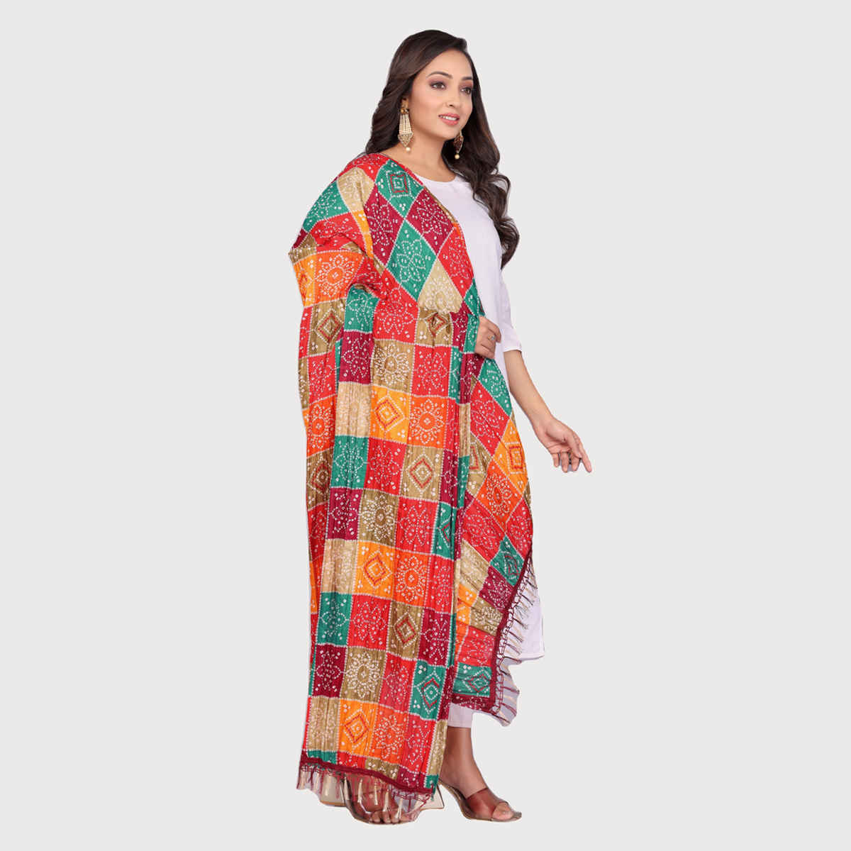 Fabflick Chinon Crush Printed Multicolor Tassel Embellished Women's Dupatta | CHNCR-001