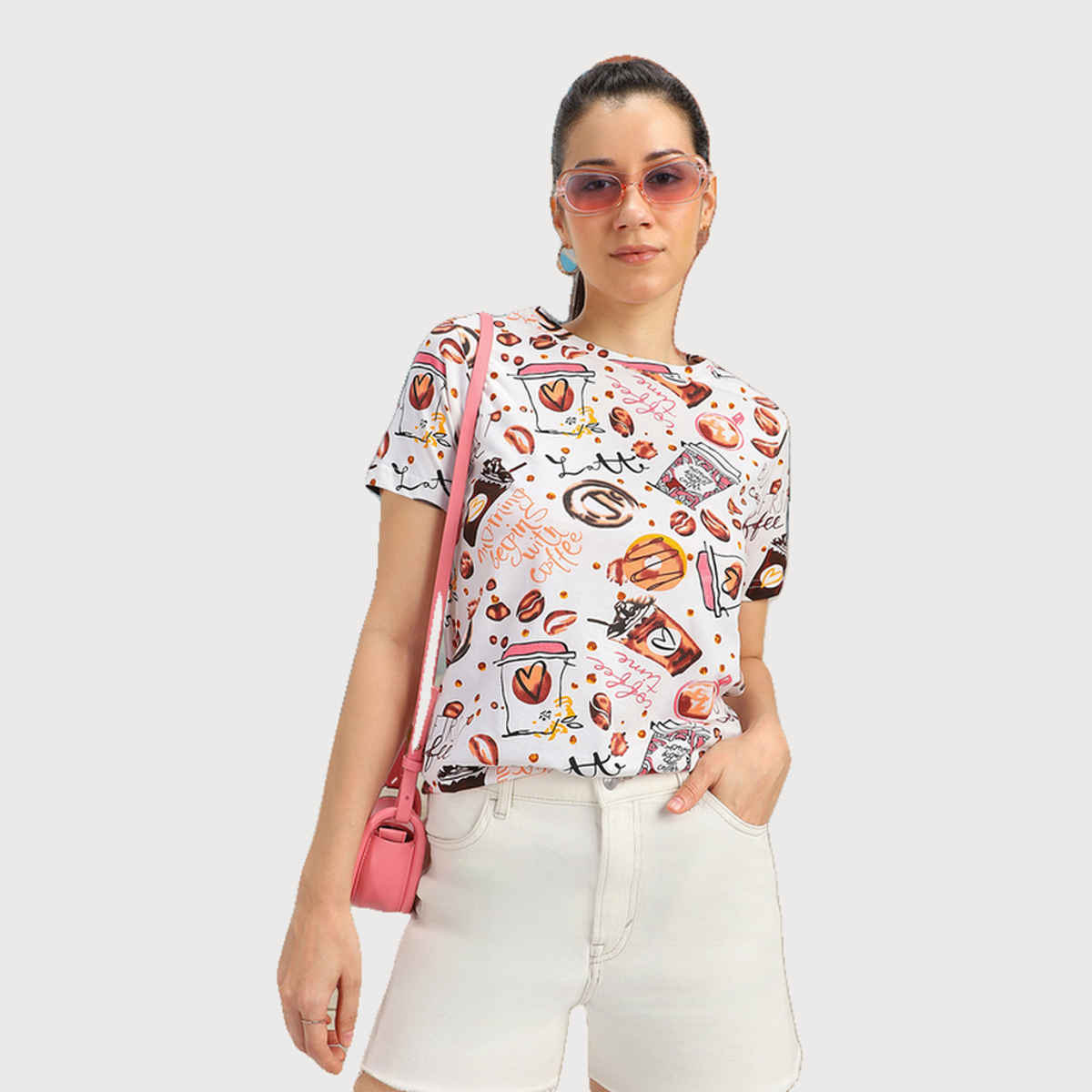 Juneberry White All over Printed Regular Fit T-shirt for Women - S