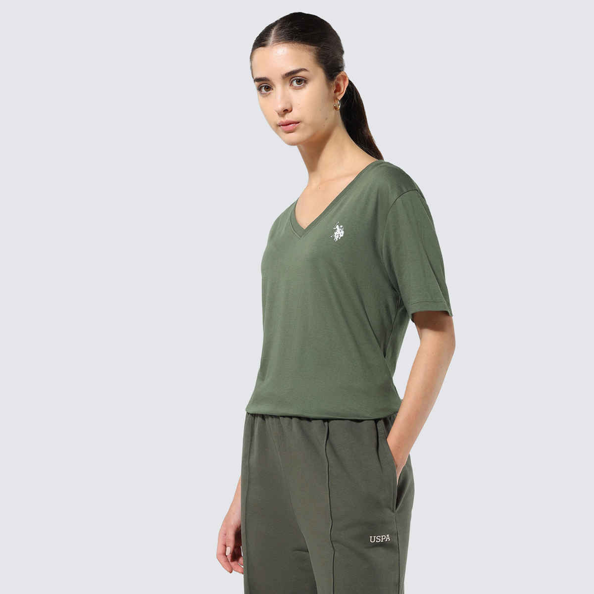 USPA Boxy Fit Solid Lounge V - Neck Tshirt For Women - M