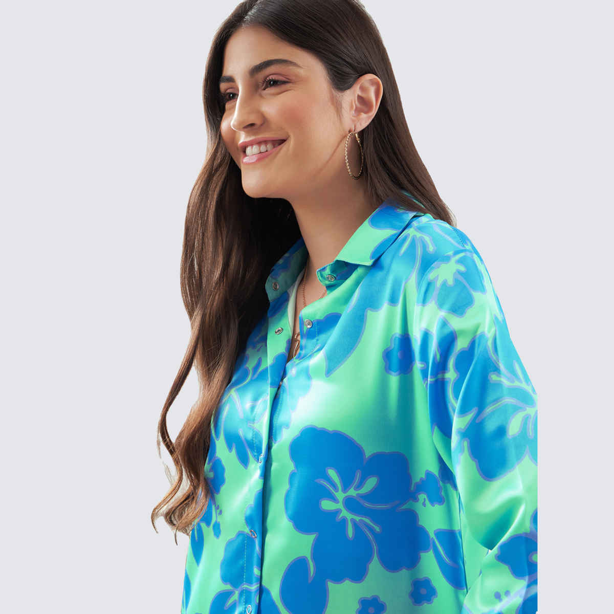 SASSAFRAS alt-laze Women's Satin Floral Shirt Dress | Blue & Green - XL