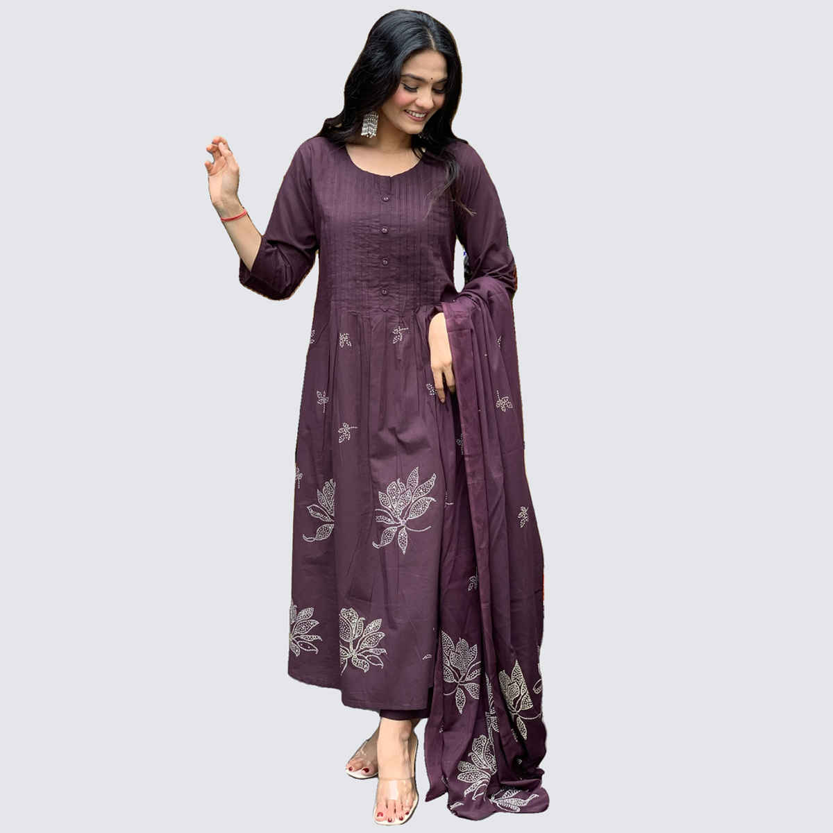 GoSriKi Women's Viscose Rayon Anarkali Printed Kurta with Pant & Dupatta | GANGORI | Wine - XL