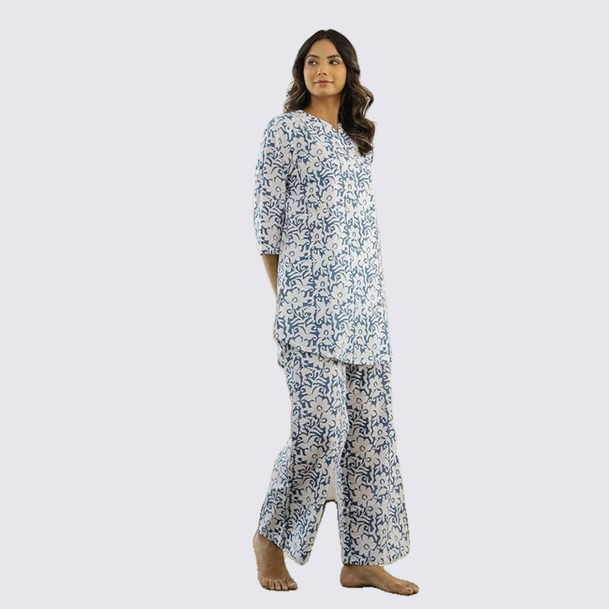 Sanskrutihomes Shirt Collar Pure Cotton Night Suit | Blue - S