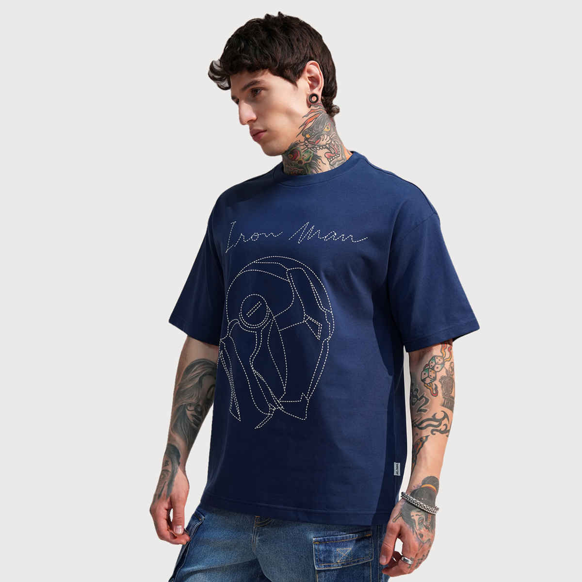 Highlander Men's Marvel Iron Man Oversized Drop Shoulder T-shirt | Navy Blue - L