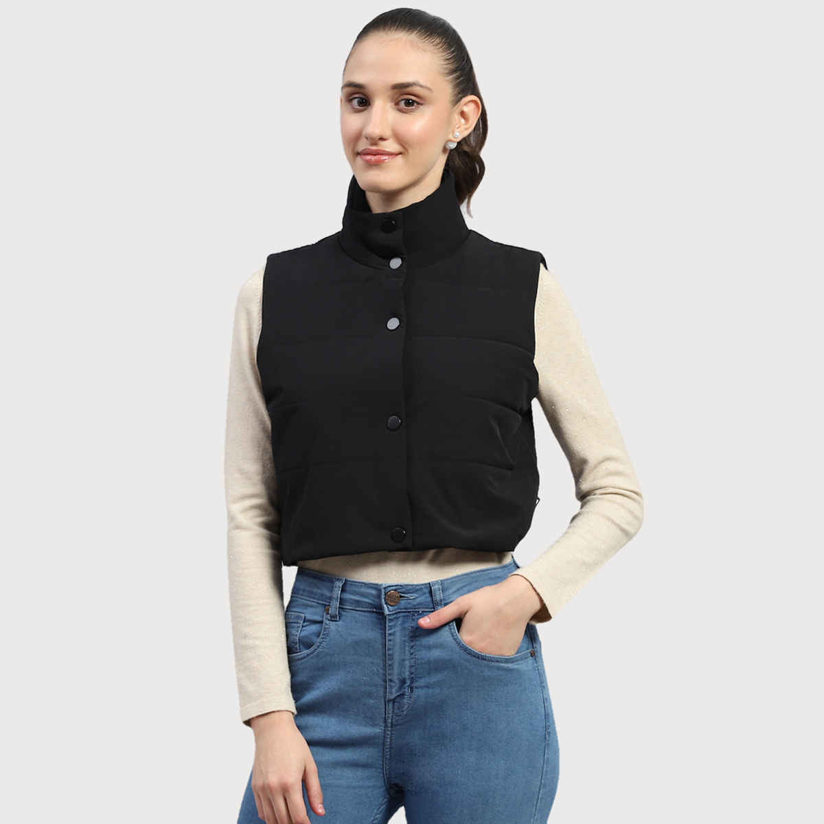 Rock.It By Monte Carlo Womens Black Solid Mock Neck Sleeveless Jacket | 2240102633-1-38 | L