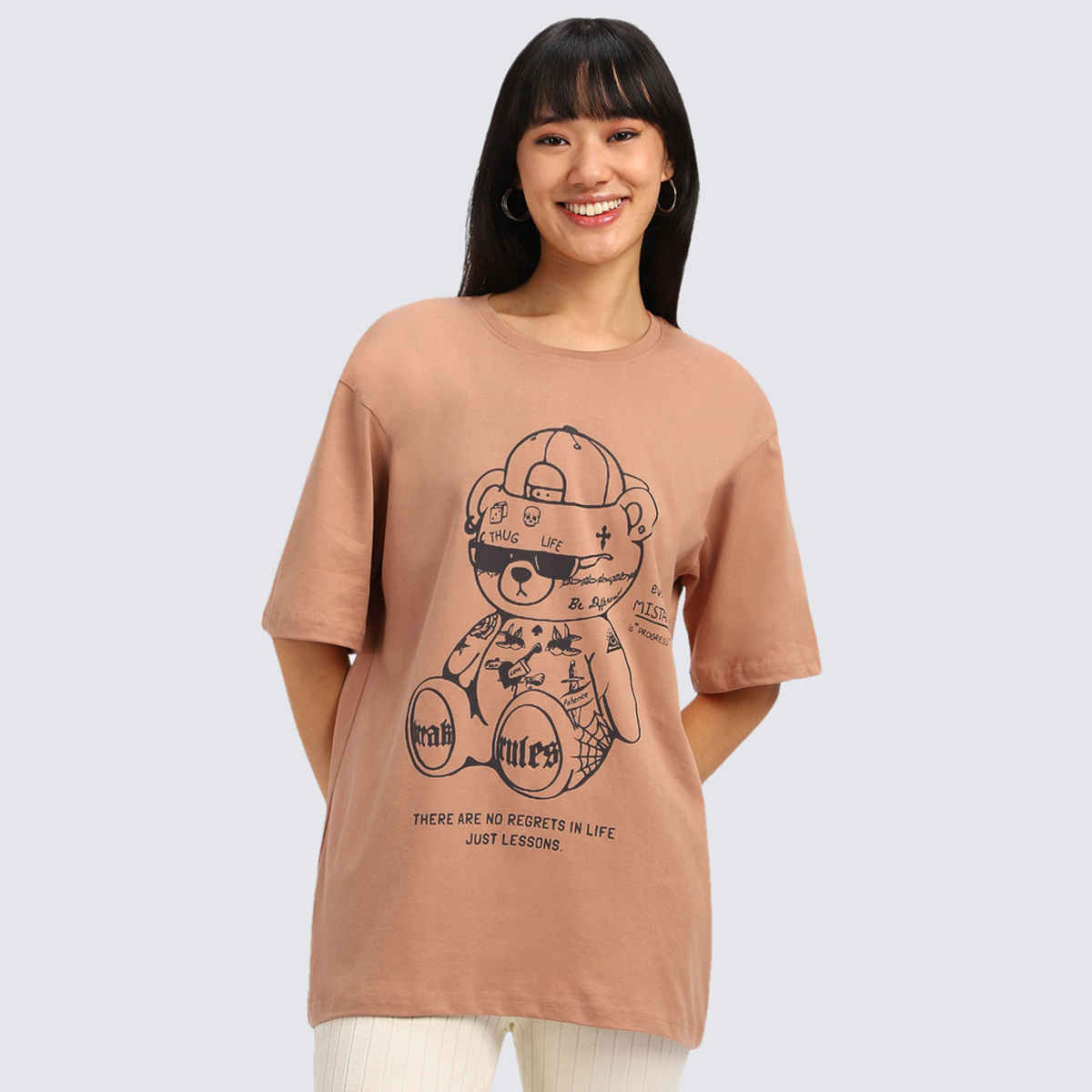 Juneberry Beige Print Graphic Oversized fit Tshirt for Women - S