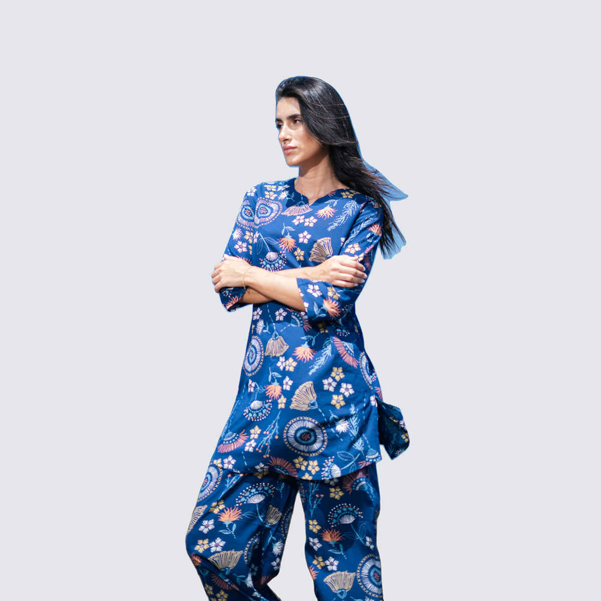 Sanskrutihomes Ethnic Motif Pure Cotton Top & Trouser Co-Ord Set | Navy Blue - M