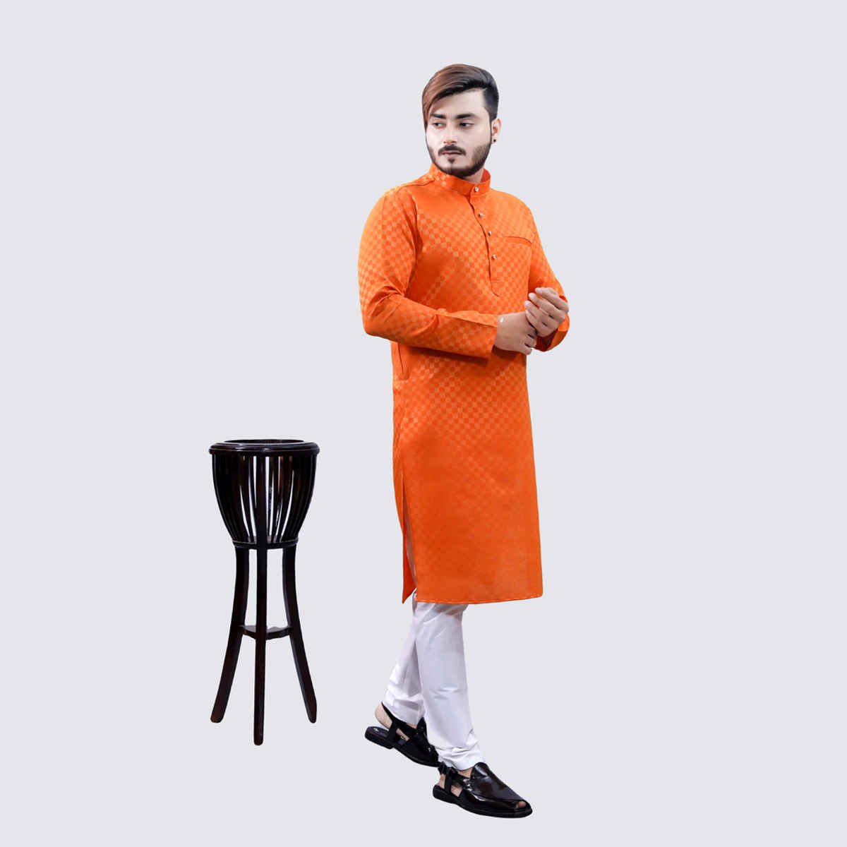 Tibra Collection Men Kurta - Orange | Block Pattern | Cotton Blend | L