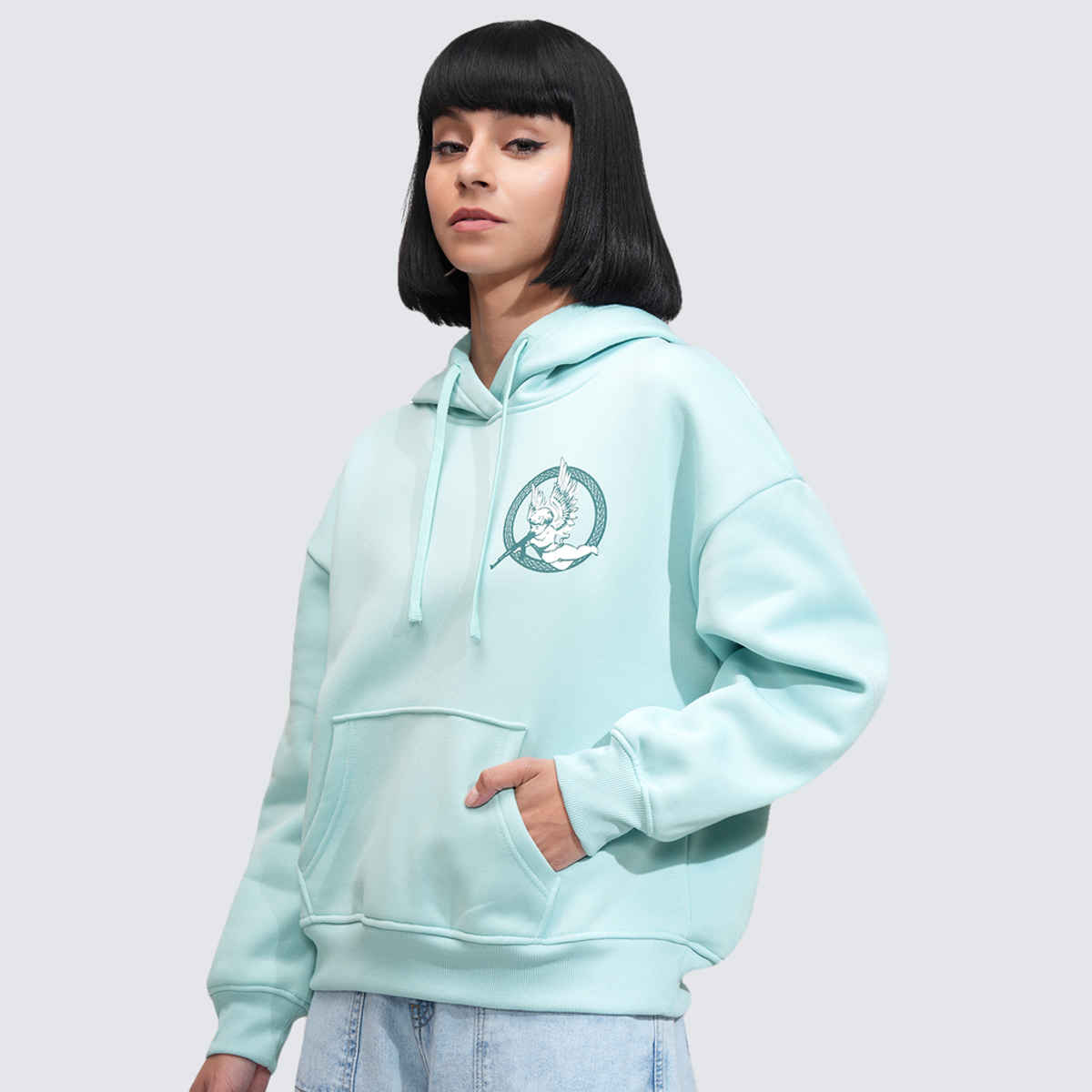 Tokyo Talkies Women's Graphic Printed Oversized Hooded Pullover Sweatshirt | Aqua - S