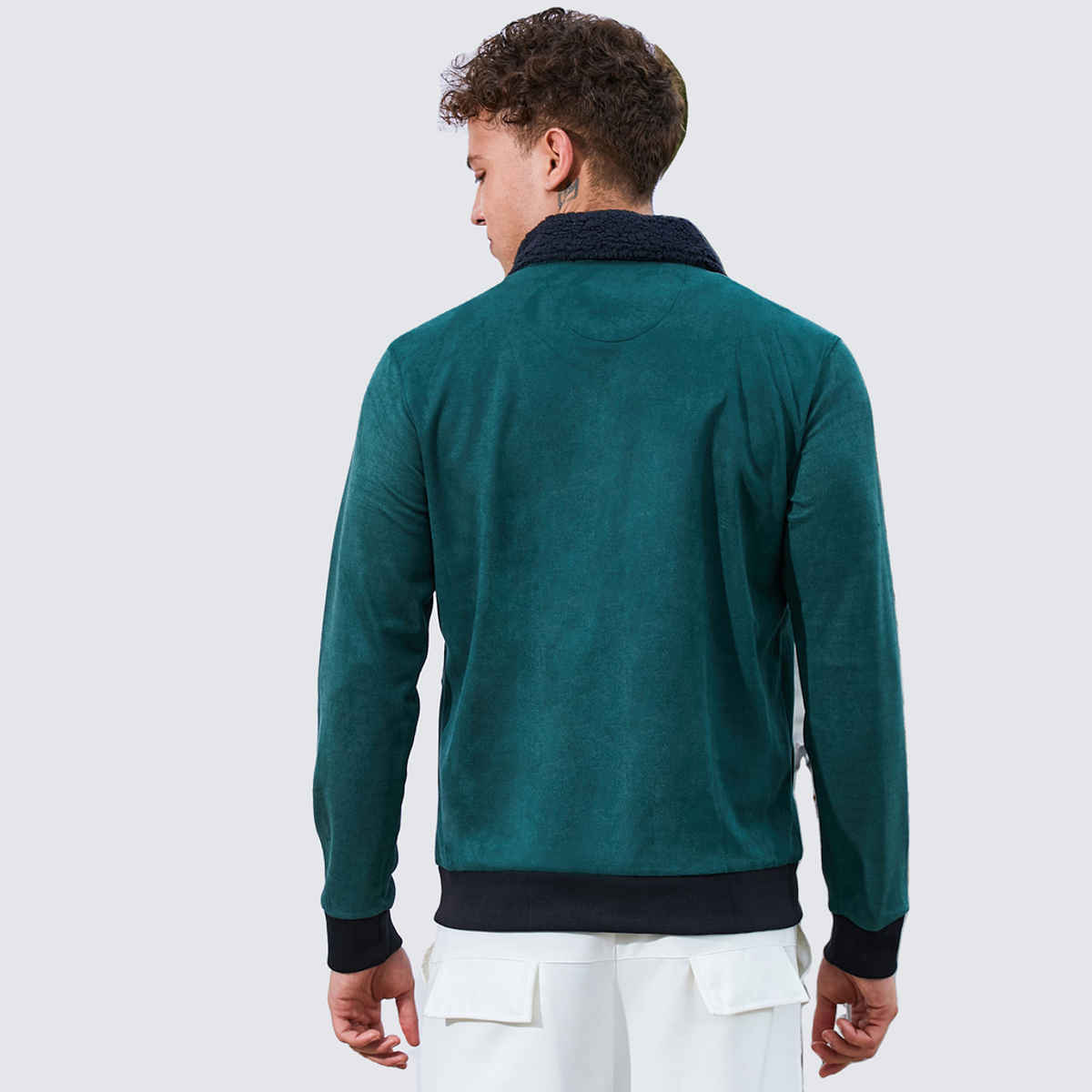 Campus Sutra Men's Zip-Front Jacket With Fleece Collar | Emerald Green - M