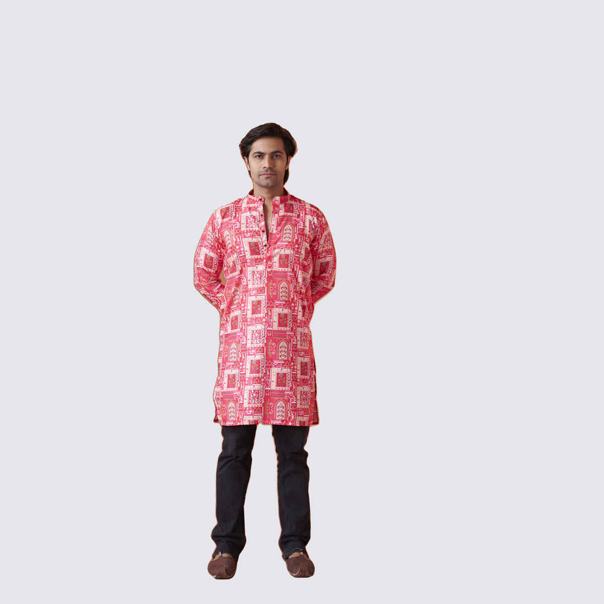 House Of Festivals Men's Printed Cotton Blend Long Kurta | Pink -L