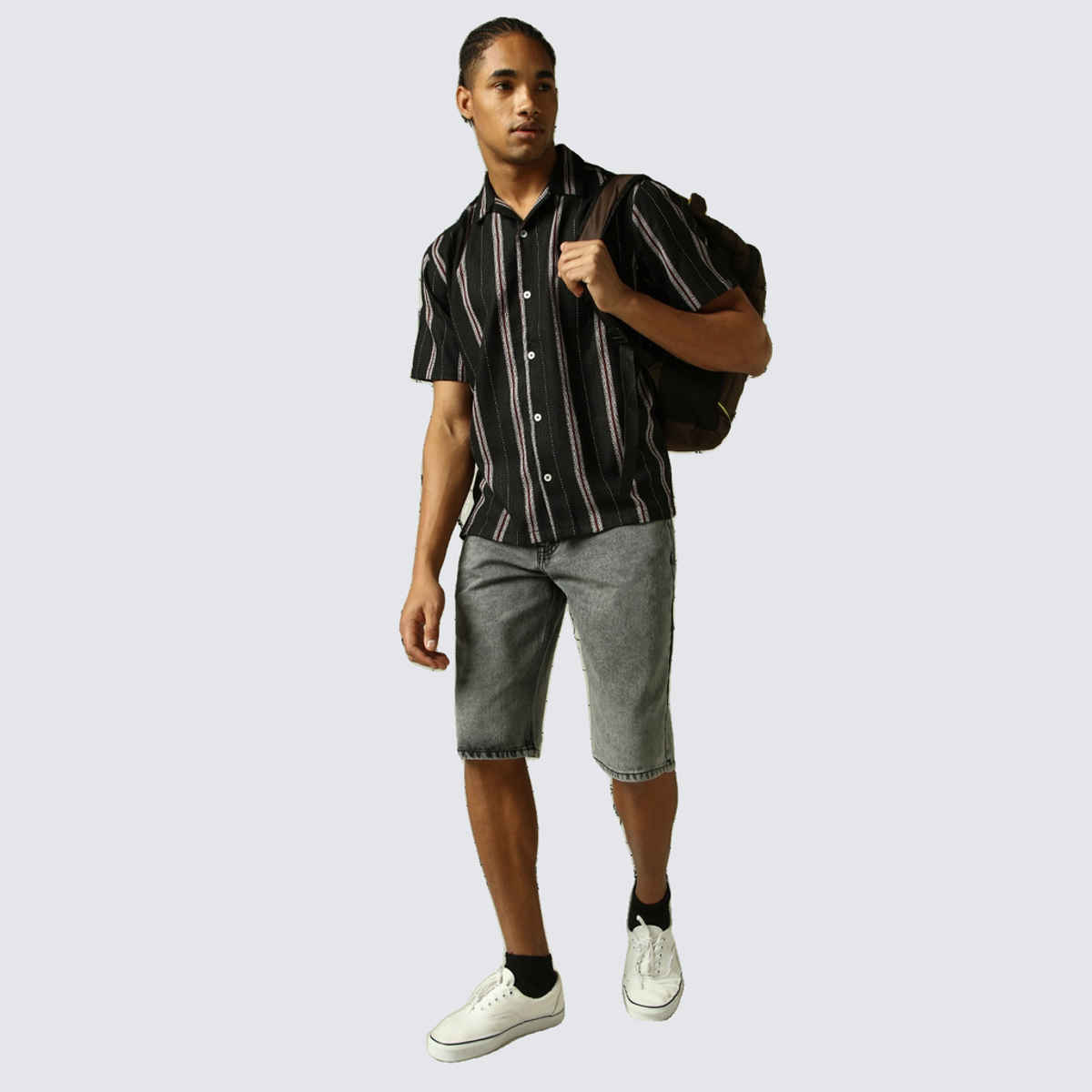 Hubberholme Men's Spread Collar Vertical Striped Cotton Oversized Textured Shirt | Black - 44