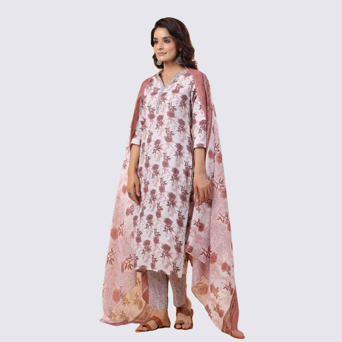 Janasya Women's Cotton Blend Floral Printed Straight Kurta Set | White - XS