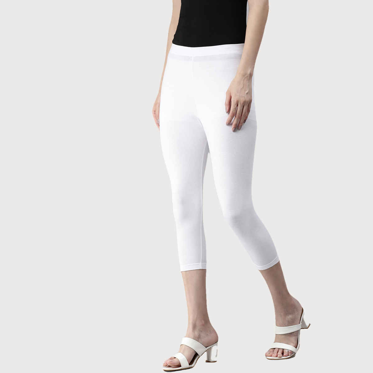 Kryptic Women's Mid-Rise Three-Fourth Length Stretchable Cotton Leggings | White - XL