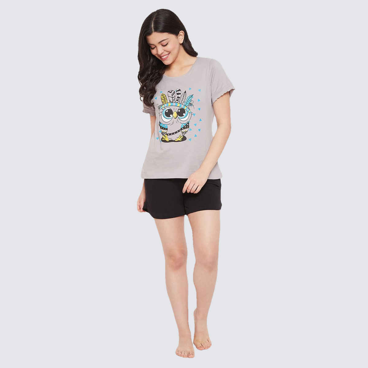 Clovia Owl Print Top & Shorts Nightsuit | Cotton Rich | Grey | S