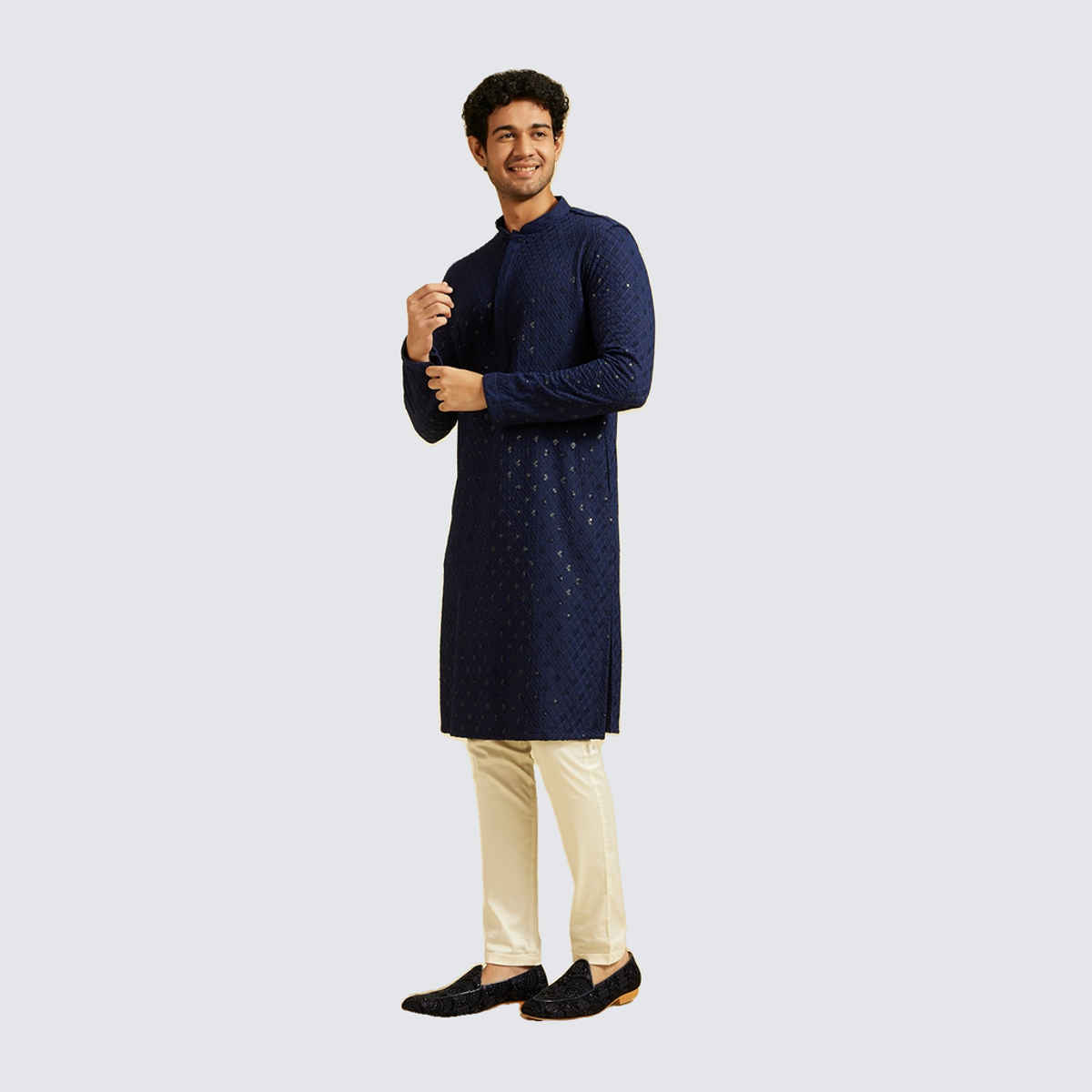 Diwas By Manyavar Men's Chikankari Kurta With Sequins | Navy Blue - 2XL