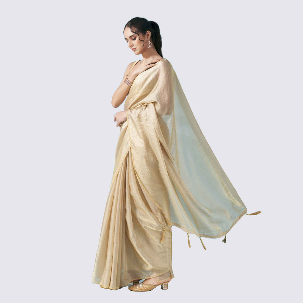 Tikhi Imli Women's Satin Saree With Unstitched Blouse | Beige