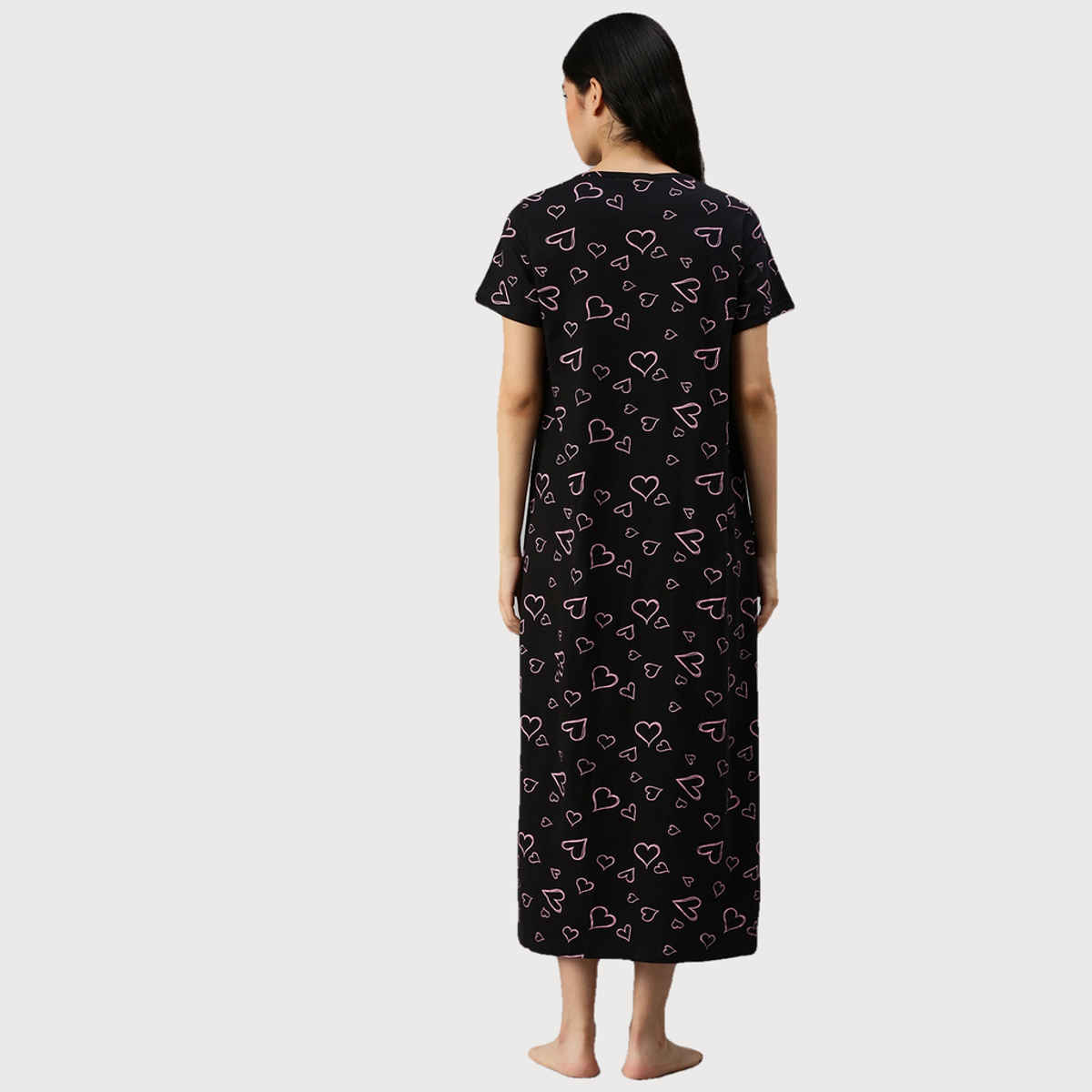 Kryptic Women Printed Pure Cotton Maxi Nightdress | Black - XL