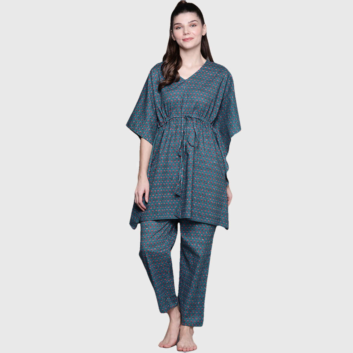 Libas Women Blue Kaftan Night Suit With Blue Pyjamas With Both Side Pocked - 50037XL