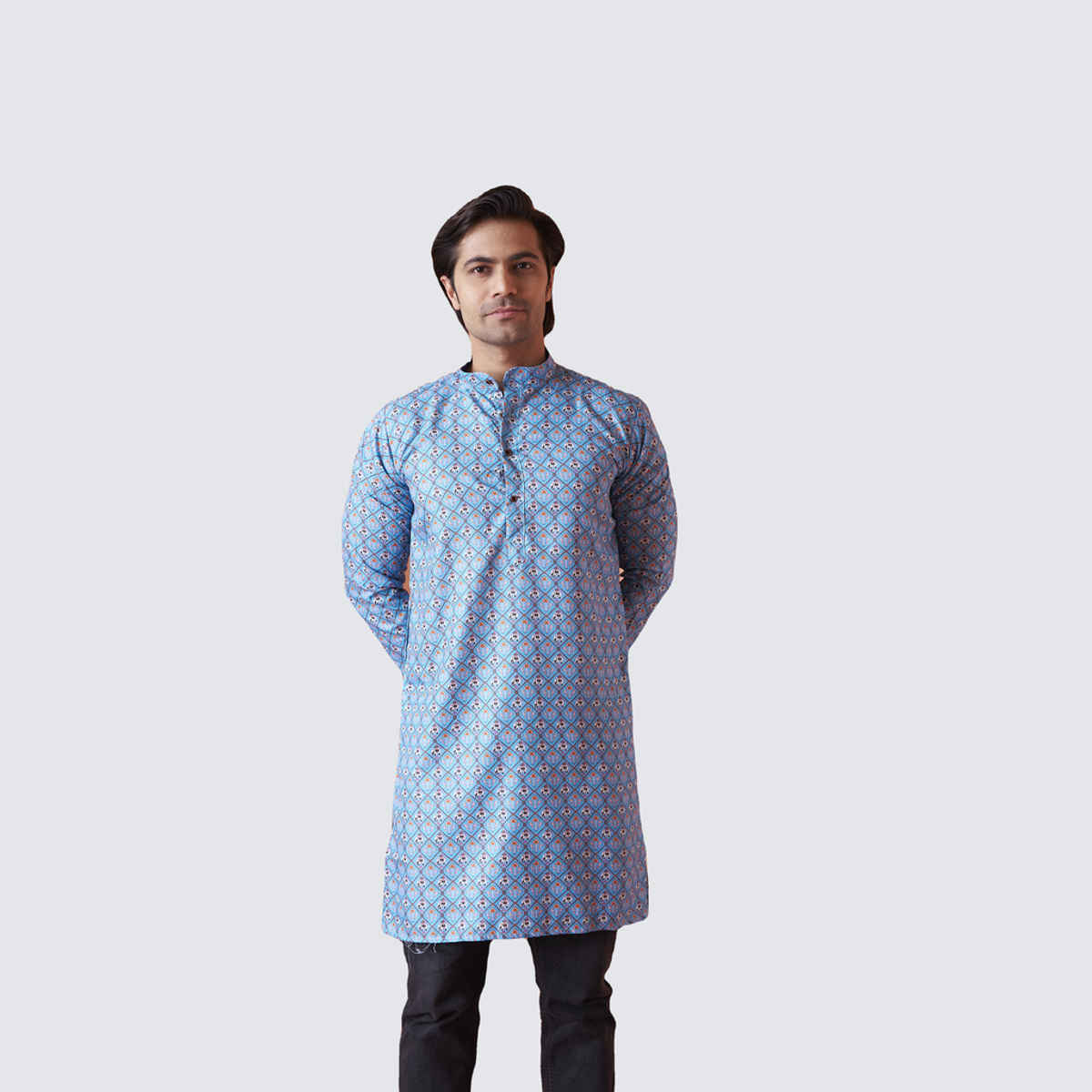 House Of Festivals Men's Printed Cotton Blend Long Kurta | Blue -S
