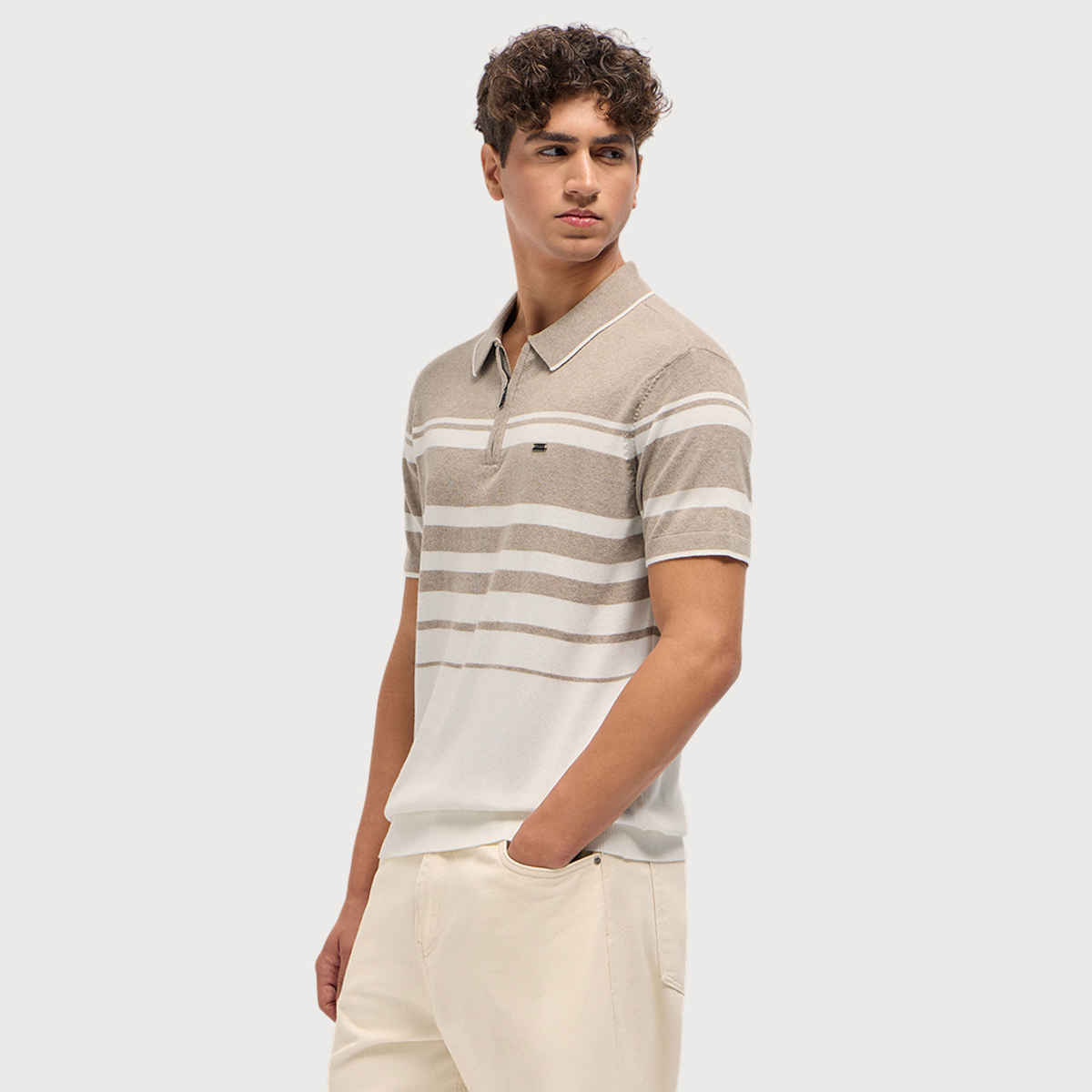The Bear House Men's Striped Textured Flat Knit Slim Fit Polo Shirt | Beige and White - L