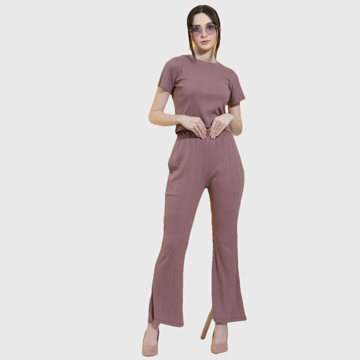 Rigo Women Drop Needle Rib Knit Co-ord Set | Mauve - S