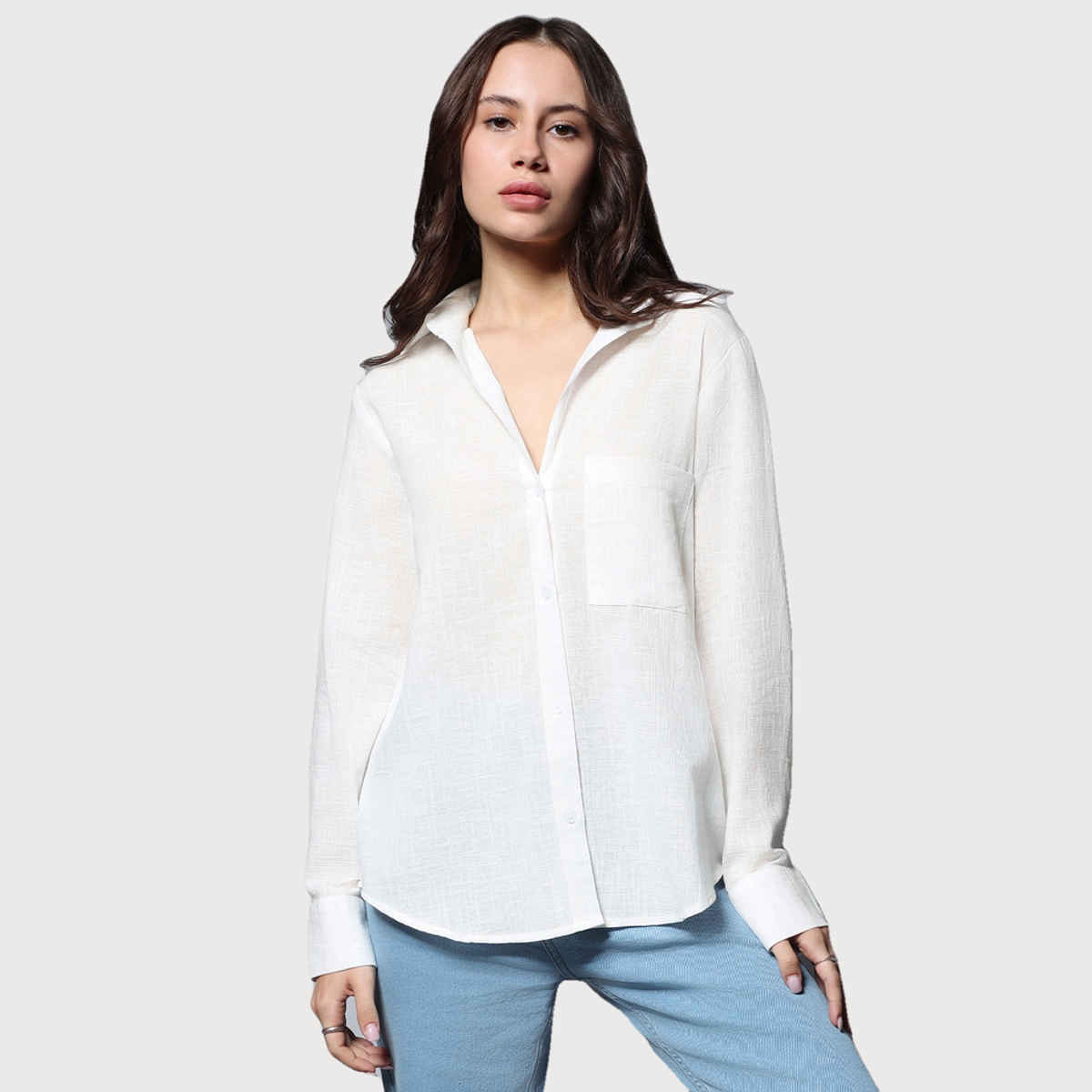 High Star Women's Solid Long Sleeves Oversized Casual Shirt | White - XL