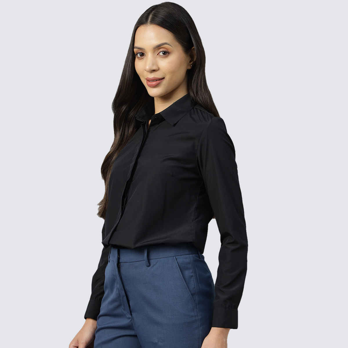 English Navy Women's Solid Regular Fit Polyester Formal Shirt | Black - S