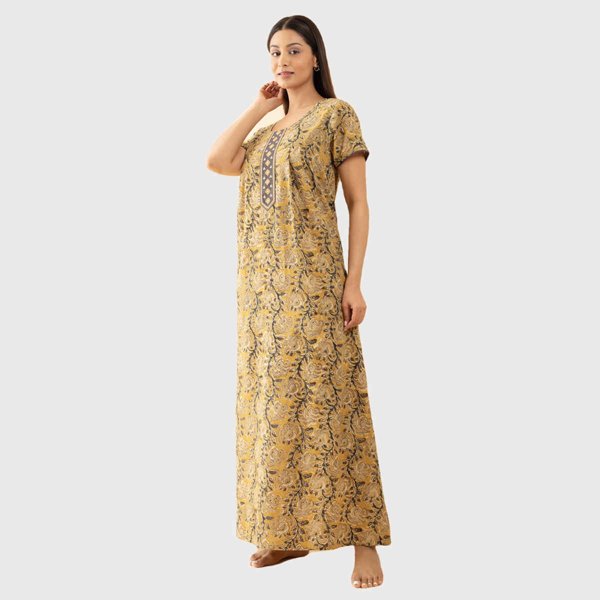 Maybell Women's Cotton Kalamkari Printed Nighty | Mustard - L