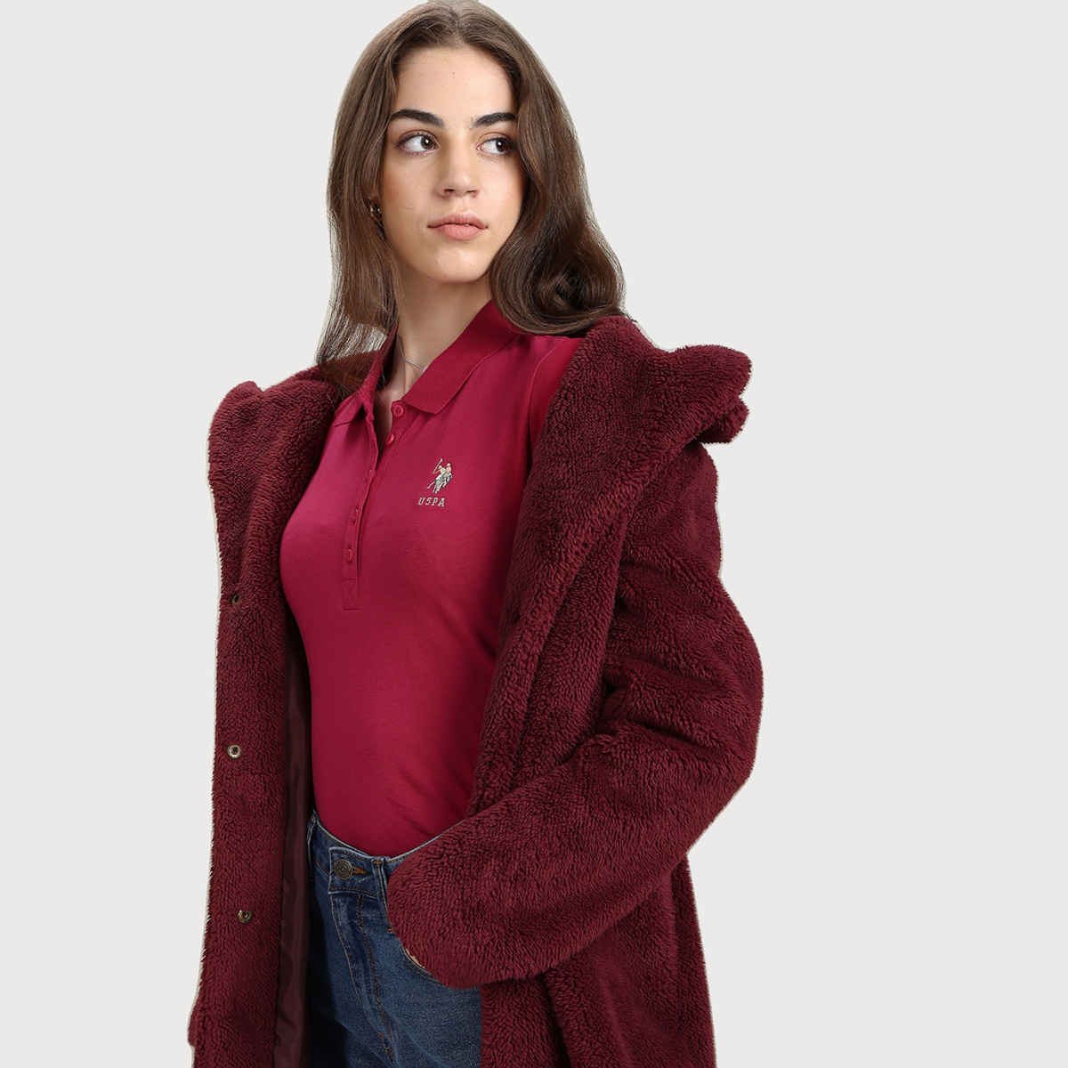 USPA Solid Slim Polo Tshirt For Women - Fuchsia - XL