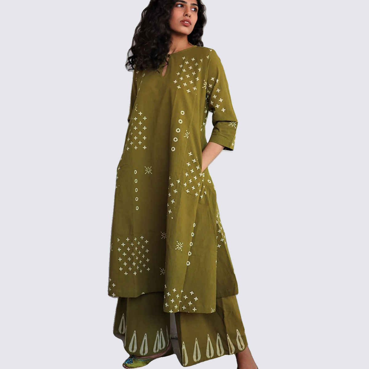 GoSriKi Women's Viscose Rayon Straight Printed Kurta with Palazzo | CHAURYA | Mehandi - L