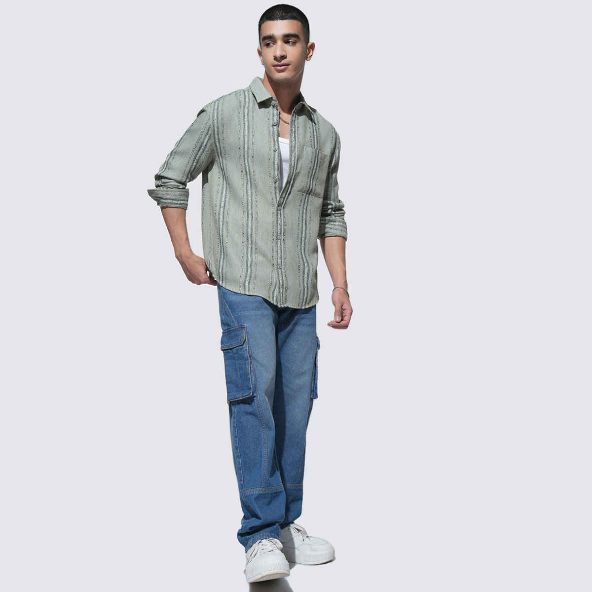 Highlander Men's Fancy Yarn Dobby Textured Striped Relaxed Shirt | Green - XL